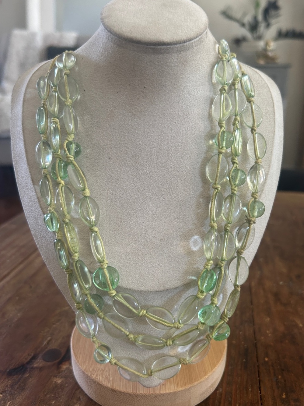 GORG BOHO Multi-Strand Light Green Glass Bead Necklace